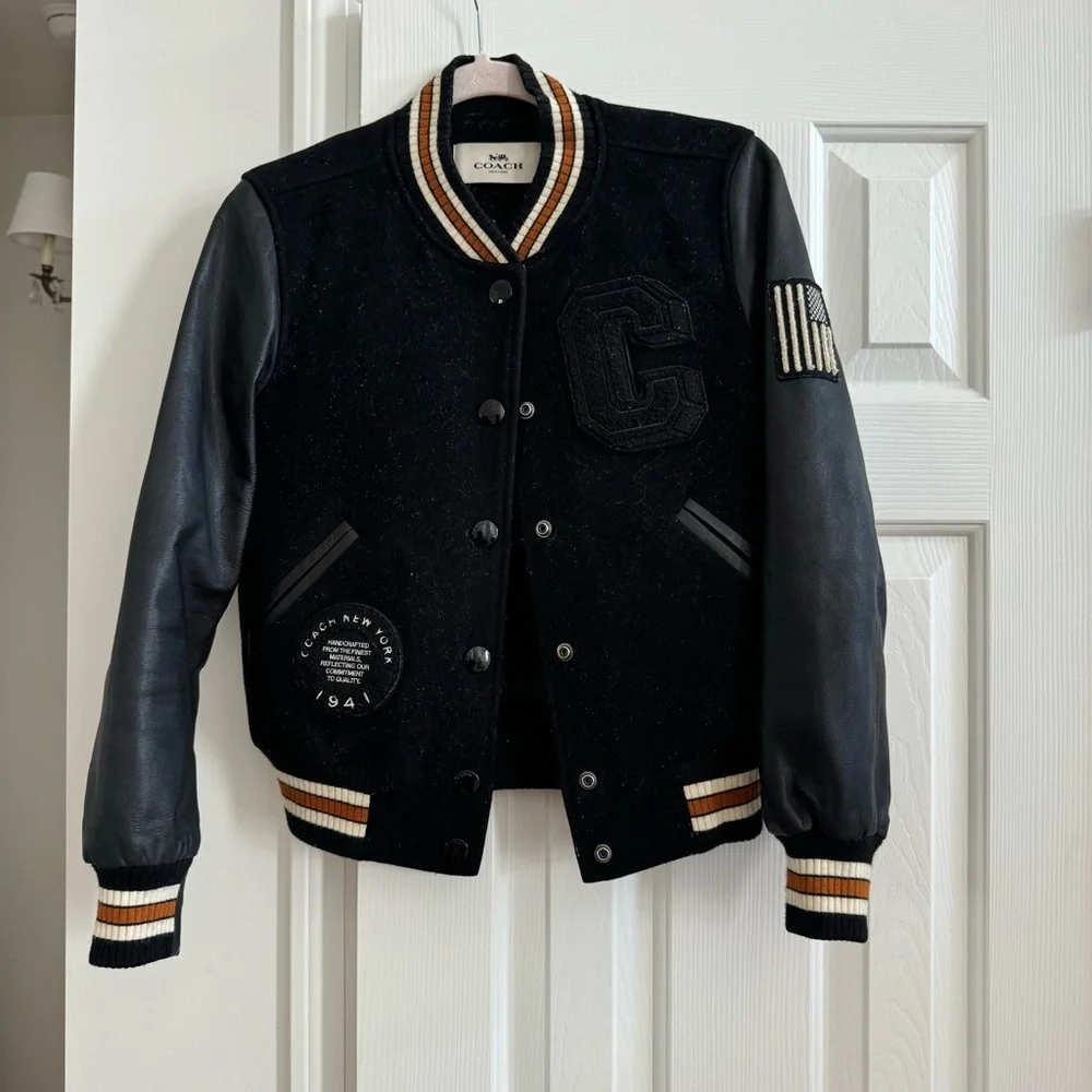 COACH Black Wool & Leather Patch Jacket, Stadium Style,Size XS